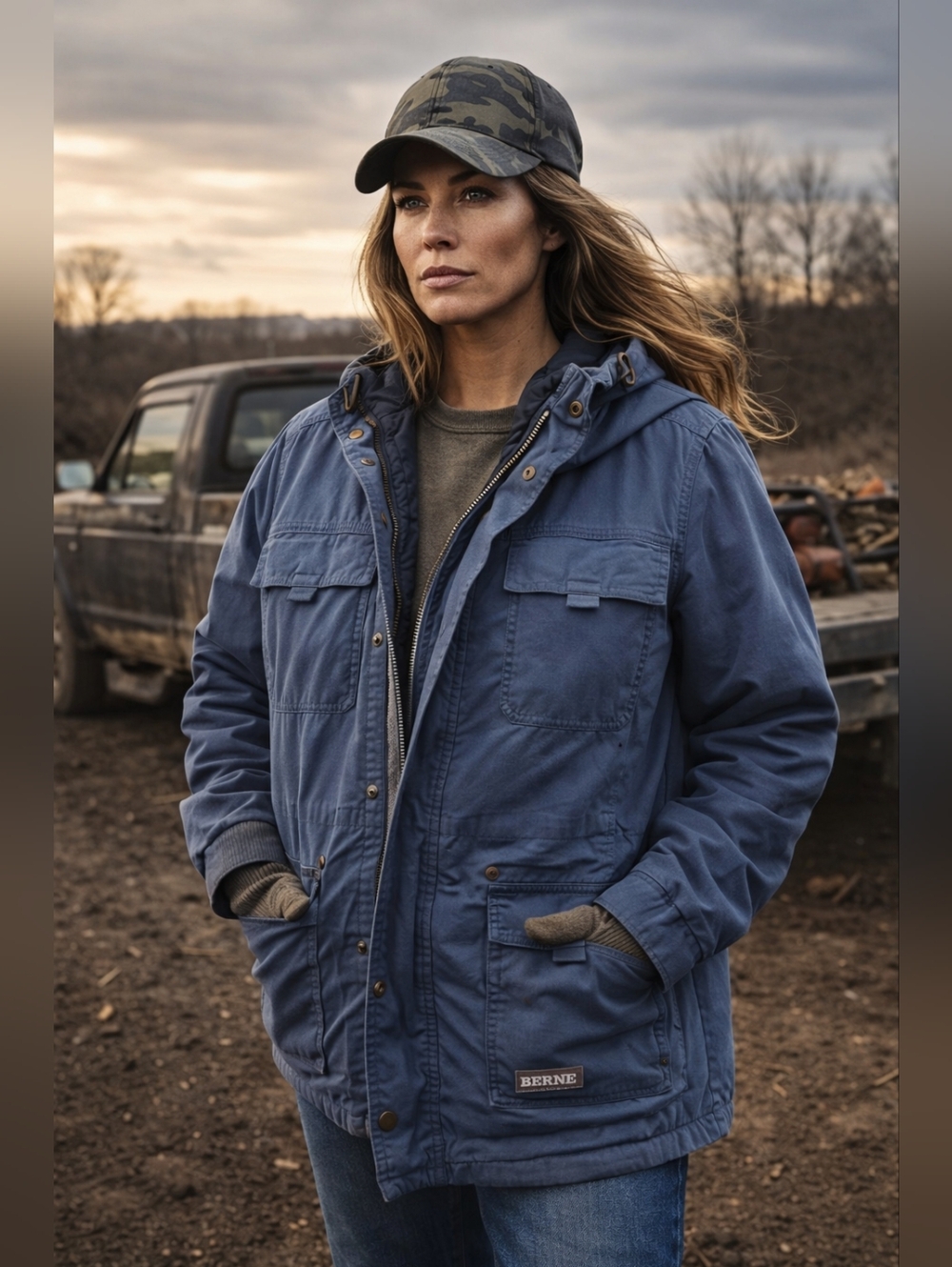 BERNE Jacket Womens Plus 2XL Blue Gray Workwear Utility Hooded Blue Collar